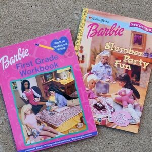 Vintage Mattel 1999 Barbie Slumber Party Fun and 2000 First Grade Workbook Set